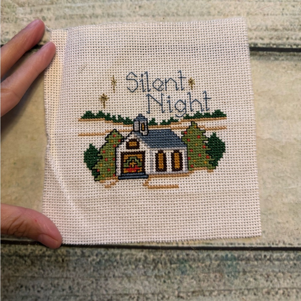 Grandmacore needlework Christmas silent night with church Christmas trees.